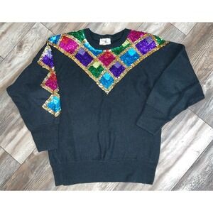 VTG SML Sport Ltd Black Sequins Sweater Large 90s ‎ Grandma Sweater